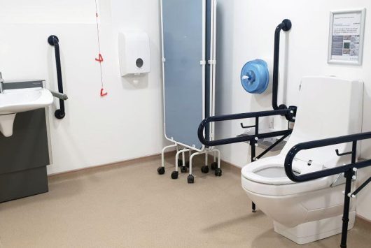 Accessible toilet facility with wall-mounted sink, raised toilet, support rails, hygiene bin, paper dispenser, privacy screen, and an adult changing bench in a clean, white environment.