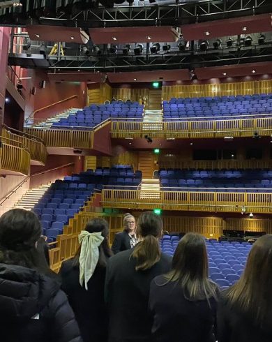 A group of students is taking a backstage tour of the Millennium Forum, looking out into the auditorium with its distinctive tiered seating and warm wood-panelled design.