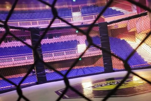 View from inside an MMA cage looking out into the tiered seating of the Millennium Forum theatre, showcasing the venue set up for a combat sports event.