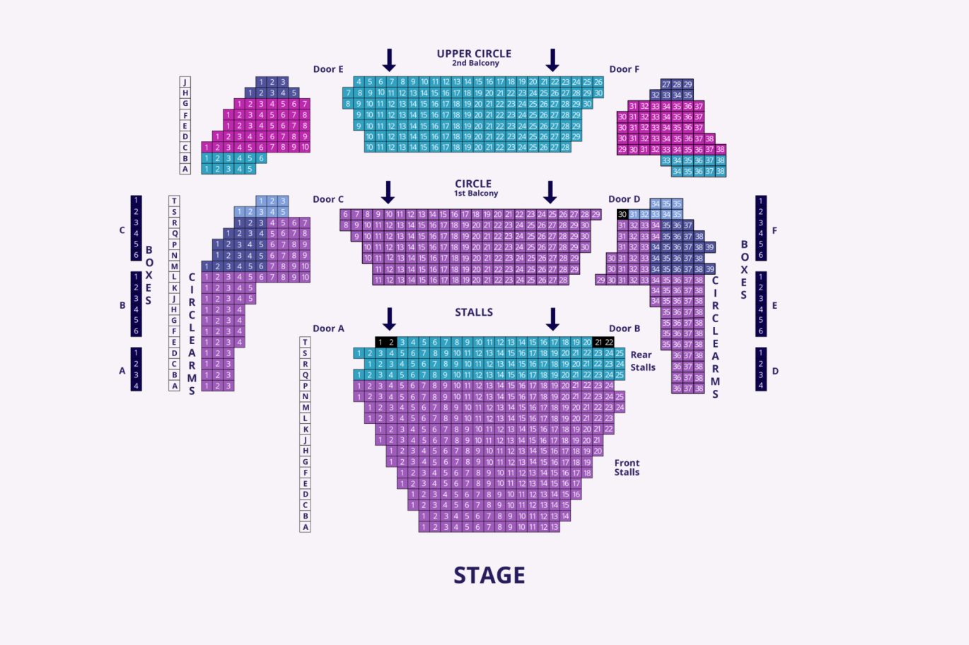 Millennium Forum seating plan showing three main levels: Stalls, Circle, and Upper Circle. Each level is colour-coded with accessible seating marked. The stage is positioned at the bottom, with aisles and entrances indicated throughout the layout.