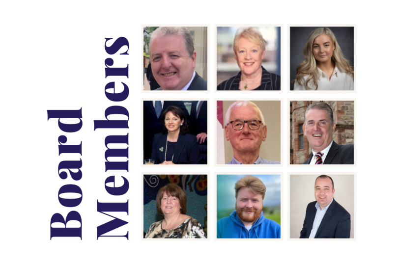 Grid of headshots featuring ten Millennium Forum Board Members with the heading “Board Members” on the left in bold purple text.