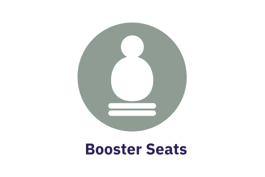 An icon representing booster seats, showing a simplified figure seated on a raised platform inside a grey circle with the label "Booster Seats" beneath.