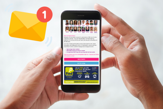 Close-up of hands holding a smartphone displaying a colourful Millennium Forum e-newsletter, with a new email notification icon in the corner.