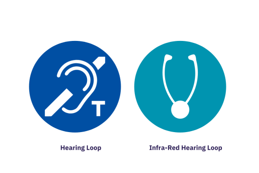 Two circular icons indicating hearing support: the first icon shows a white ear with a diagonal line and a 'T' on a blue background, representing a standard hearing loop; the second icon shows white headphones on a teal background, representing an infra-red hearing loop system.
