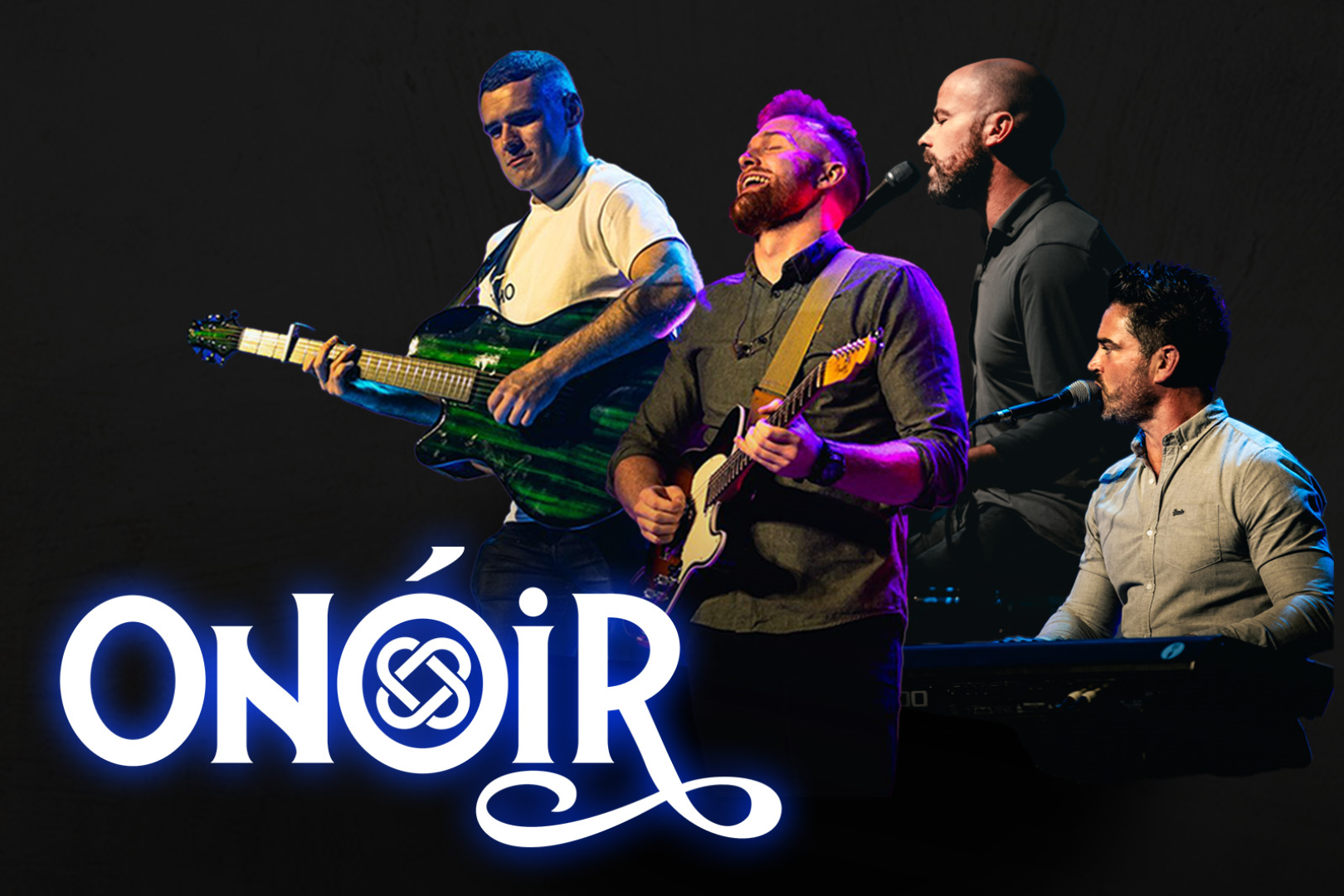 Onóir, a four-piece Irish music group, performing on stage. One member plays a green acoustic guitar, another plays electric guitar, while the other two sing and play keyboard. The band’s name ‘Onóir’ is displayed in bold white lettering with a Celtic knot design in the logo against a dark background.