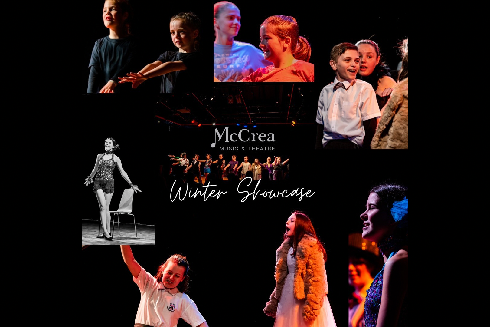 Collage-style poster for the “McCrea Music & Theatre Winter Showcase.” At the center, the event title appears in white script over a dark stage background where a group of performers stands in a row. Surrounding this are colorful action shots of children and teens singing, dancing, and acting under stage lights, plus one black-and-white photo of a solo dancer next to a chair.