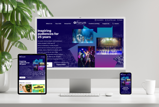 The Millennium Forum website displayed on a desktop, tablet, and smartphone screen, showing a modern purple-themed homepage promoting shows and events.